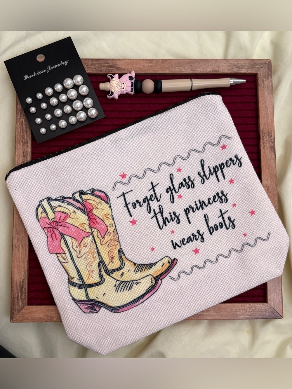 Bundle- Cowgirl Boots Zipper Pouch with beaded pen and pearl silver earrings